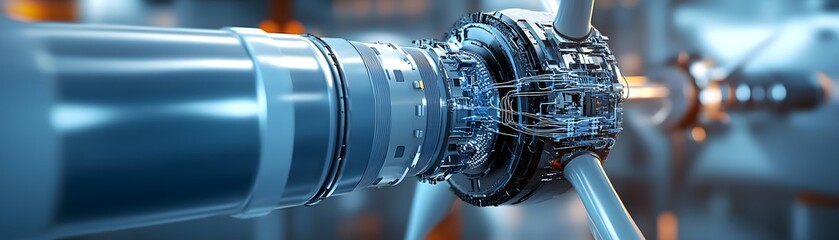 A close-up view of a sophisticated turbine engine component showcasing intricate mechanics and precision engineering