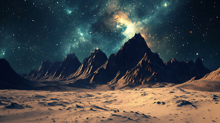 Alien desert landscape with mountains under starry sky. Galactic Ridge. Illustration
