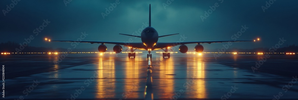 Poster airplane on illuminated runway at night surrounded by navigation lights in a vibrant atmosphere. gen