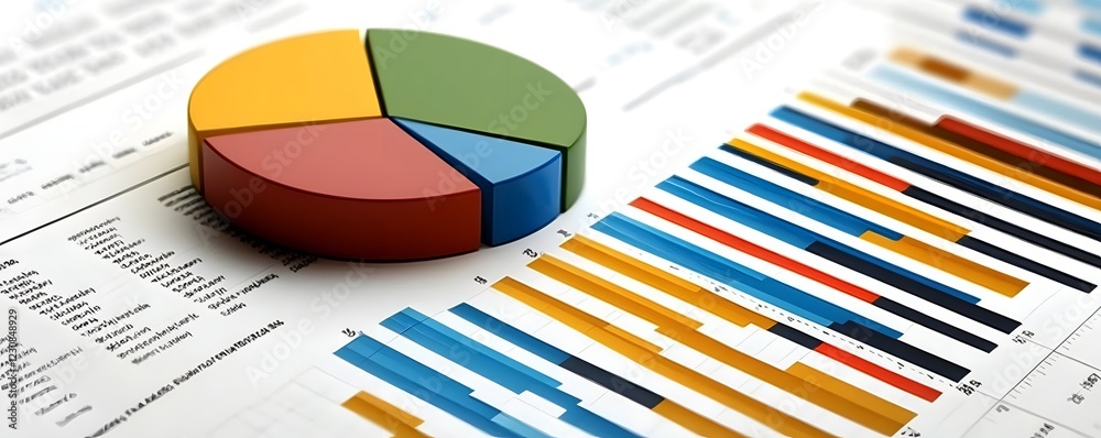 Poster a colorful pie chart and bar graphs displayed on a report, illustrating data analysis for business p