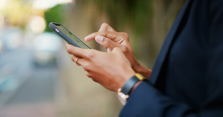 Hands, woman and typing with phone in city of maps search, social media and morning commute....