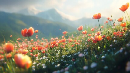 Obraz premium Vibrant Orange Poppies Bloom in Sunny Mountain Field