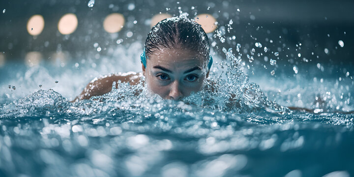 Female swimmer emerging from water, Focused athlete training in competitive swimming pool