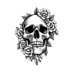 Pointillism Skull with Roses Engraved Illustration