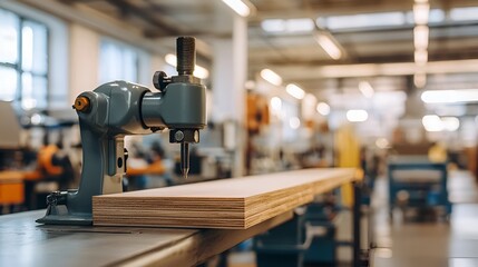 Factory wood drilling machine, industrial production, workplace background