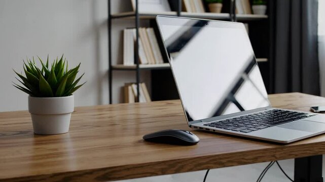 A high-quality 4K cinematic shot capturing a modern home office setup, featuring a sleek, ultra-thin laptop with a metallic finish placed on a clean, uncluttered wooden desk.
