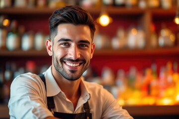Obraz premium portrait of a young smiling Maltese male bartender against blurred bar background