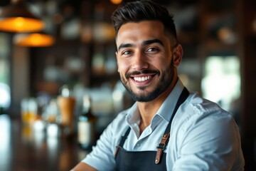 Obraz premium portrait of a young smiling Marshallese male bartender against blurred bar background