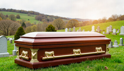 Elegant mahogany coffin in serene cemetery with rolling hills, mourning