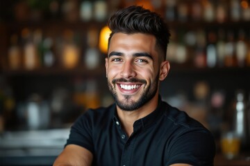 Fototapeta premium portrait of a young smiling Monacan male bartender against blurred bar background