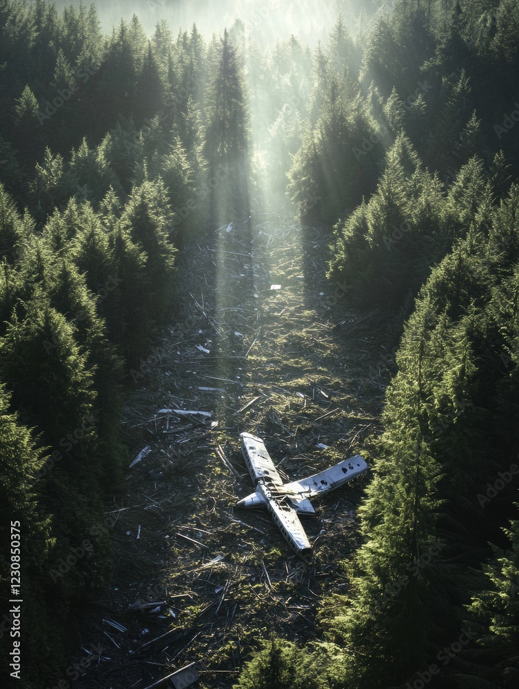 Poster dense forest revealing airplane debris in clearing amid sunlight filtering through trees. generative