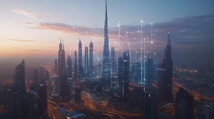 Naklejka premium Smart digital Innovation city with connection network reciprocity over the cityscape. of future smart wireless digital city and social media networking systems that connects people with in city