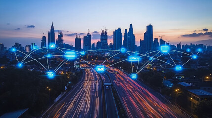 Obraz premium Smart digital Innovation city with connection network reciprocity over the cityscape. of future smart wireless digital city and social media networking systems that connects people with in city