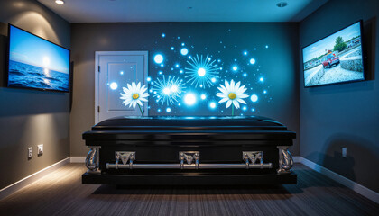 Modern farewell ceremony featuring digital displays in funeral home, remembrance