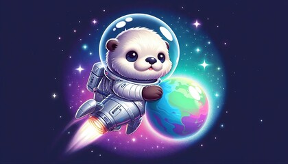 Otter cute animal character in space astronaut concept planet surface digital illustration cartoon