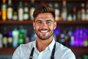 Fototapeta premium portrait of a young smiling New Zealander male bartender against blurred bar background