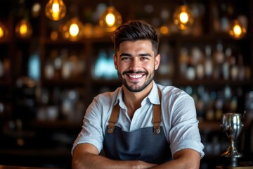 Fototapeta premium portrait of a young smiling Nicaraguan male bartender against blurred bar background