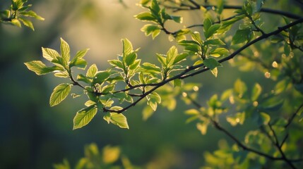 Bright Sunlight Illuminates Vibrant Green Leaves on a Branch