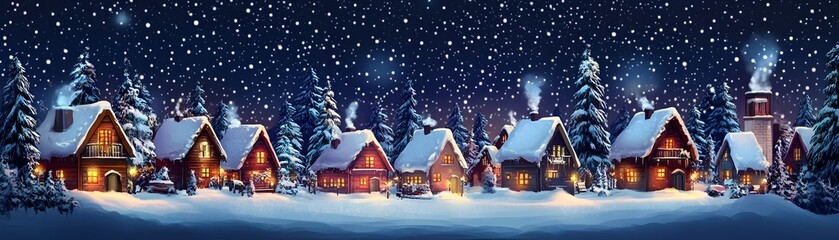 A picturesque winter scene featuring cozy cottages covered in snow, surrounded by tall, frosted trees under a starry night sky, evoking warmth and holiday cheer.