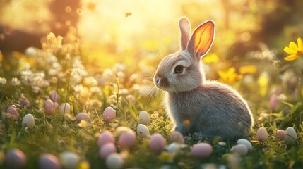 Adorable Fluffy Gray Bunny in a Spring Meadow with Pastel Easter Eggs