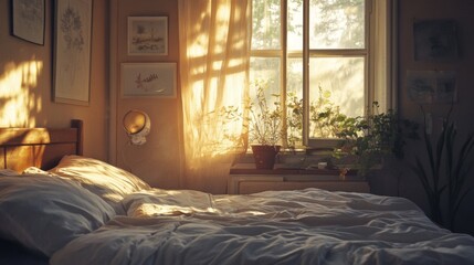 Warm Sunlight Illuminates Cozy Bedroom Interior with Plants