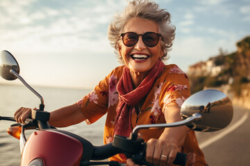 portrait of a cheerful senior woman in sunglasses riding a scooter on sea beach road