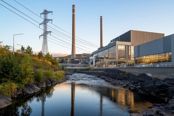 Industrial Power Plant at Sunset with Reflective River View