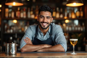 portrait of a young smiling Paraguayan male bartender against blurred bar background