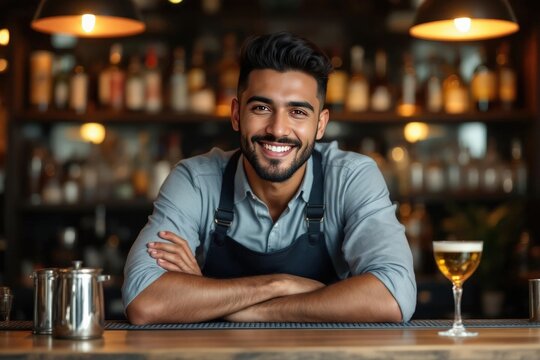 portrait of a young smiling Paraguayan male bartender against blurred bar background