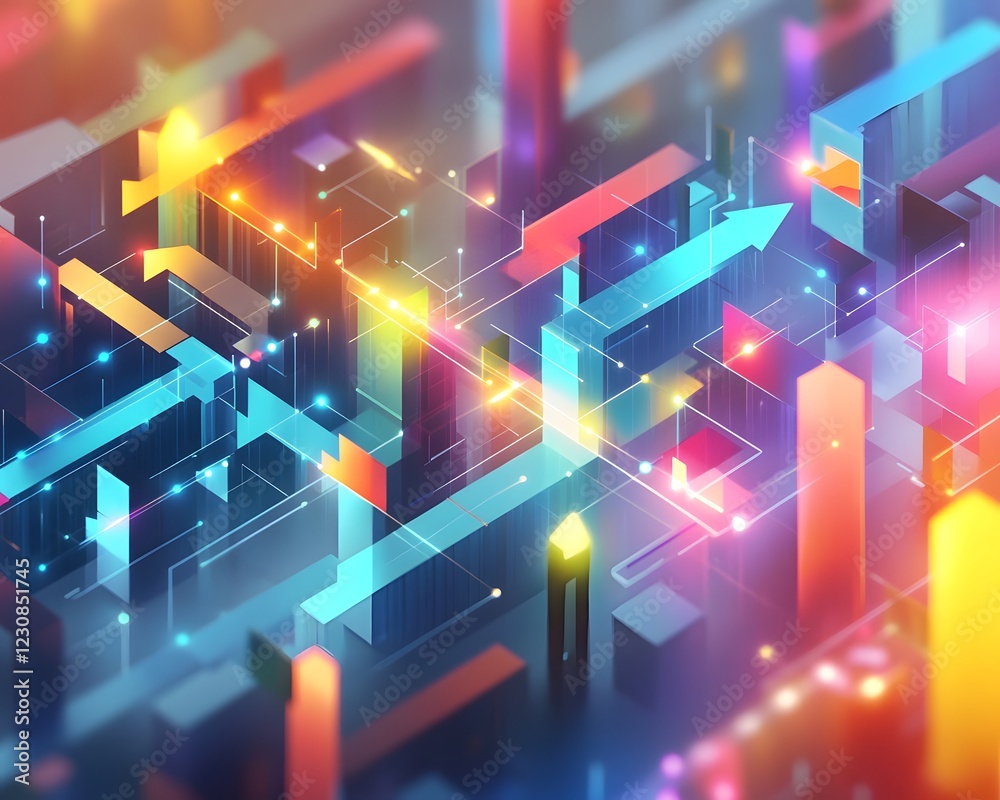 Poster a vibrant abstract digital design featuring intersecting lines and glowing shapes, creating a dynami