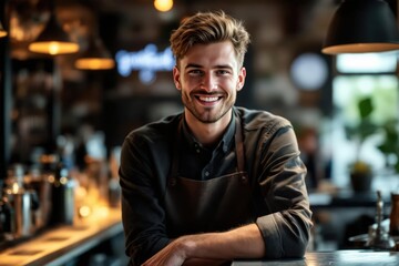 Obraz premium portrait of a young smiling Polish male bartender against blurred bar background