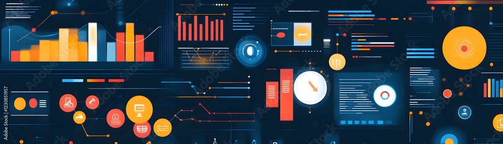 Poster a vibrant and dynamic visualization of data analytics, featuring colorful graphs, charts, and digita