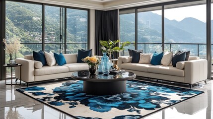 Fototapeta premium Modern living room with panoramic mountain views, featuring cream sofas, blue patterned rug, and coffee table.