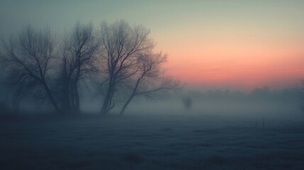 Obraz premium Misty Field Sunset with Silhouetted Trees