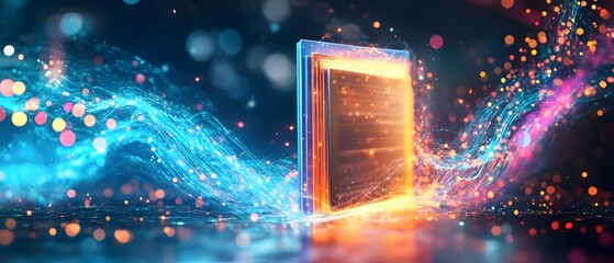 A vibrant illustration showcasing a glowing panel surrounded by swirling streams of colorful energy