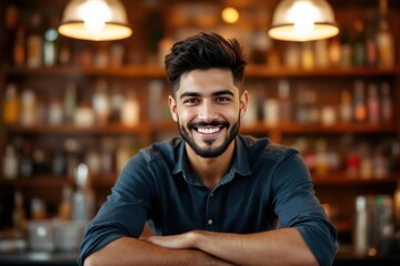 Obraz premium portrait of a young smiling Salvadoran male bartender against blurred bar background