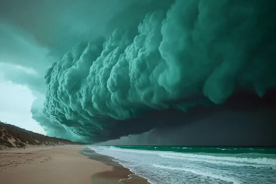 ominous green-tinted storm clouds rolling over beach at dusk