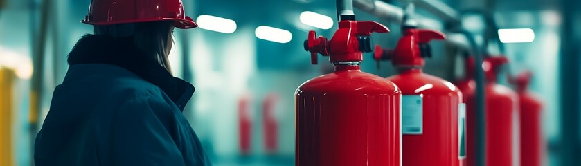A worker wearing a hard hat inspects red fire extinguishers in an industrial environment, emphasizing safety and prevention measures in workplace settings
