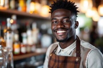 Fototapeta premium portrait of a young smiling Senegalese male bartender against blurred bar background