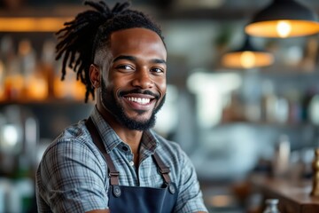 Fototapeta premium portrait of a young smiling South African male bartender against blurred bar background