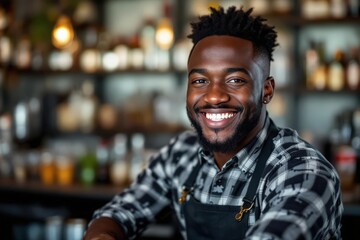 Fototapeta premium portrait of a young smiling South Sudanese male bartender against blurred bar background