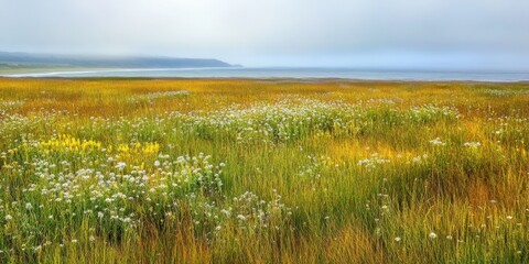 Naklejka premium Coastal landscape with grass and sea water beach. Ocean horizon background.