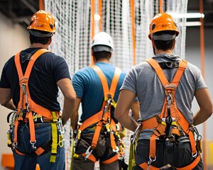 Three workers in safety harnesses prepare for a training session, showcasing the importance of safety gear in industrial settings