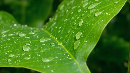 Green magnolia leaf with water droplets glistening in soft sunlight