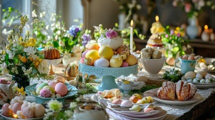 Naklejka premium Pastel Easter Table Setting with Colorful Eggs and Flowers