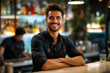 Fototapeta premium portrait of a young smiling Tunisian male bartender against blurred bar background