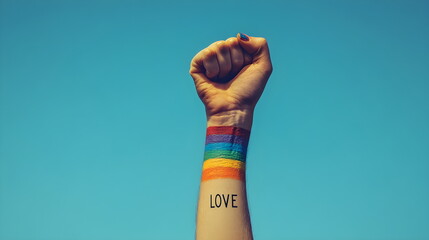 Against the background of a blue sky with clouds, a hand painted in rainbow colors is raised in a fist with the inscription "LOVE". The movement for LGBT equality and the concept of gender equality.