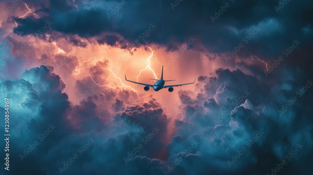Poster airplane navigating through turbulent stormy skies filled with lightning and dark clouds. generative