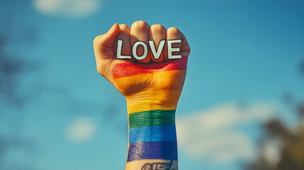Against the background of a blue sky with clouds, a hand painted in rainbow colors is raised in a fist with the inscription "LOVE". The movement for LGBT equality and the concept of gender equality.
