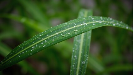 Lush green spider plant leaf with water droplets under soft light